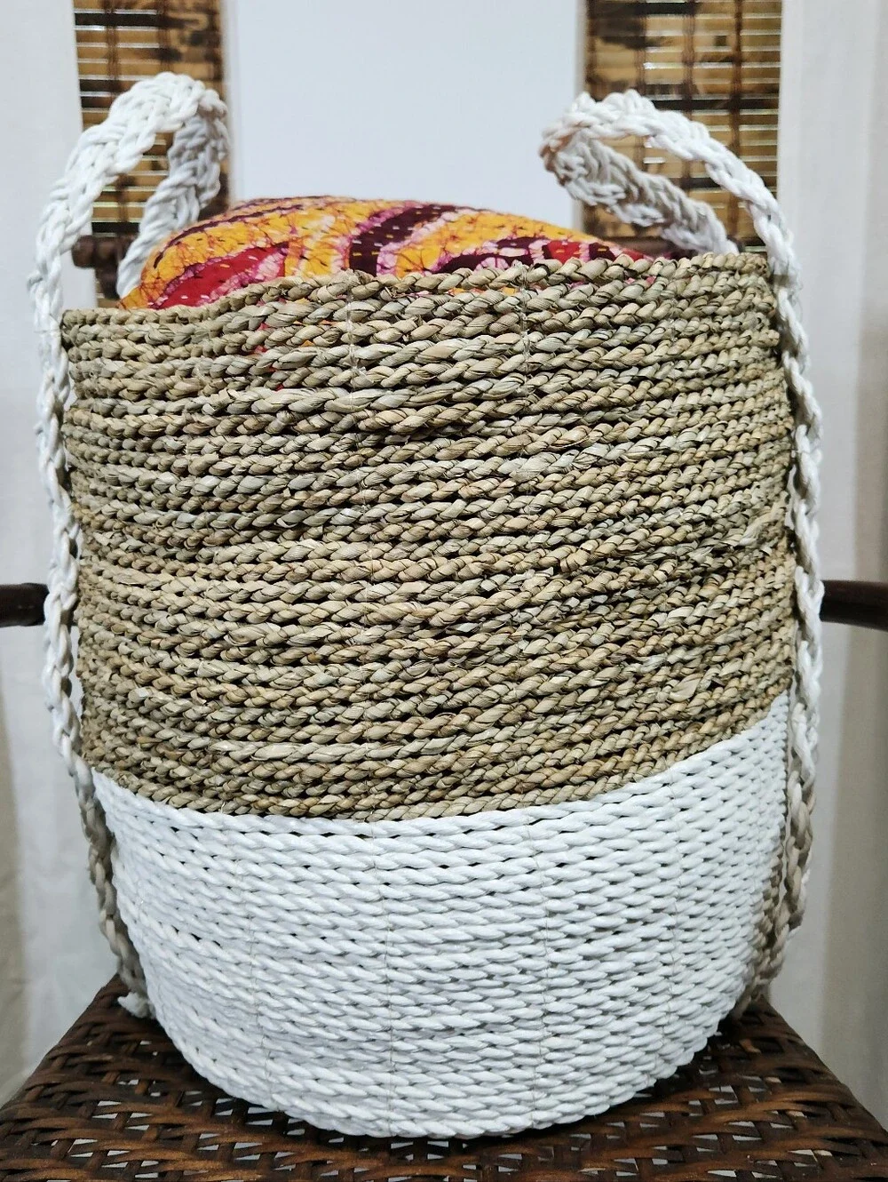 Woven Natural and White Handled Storage Basket - Home Accents